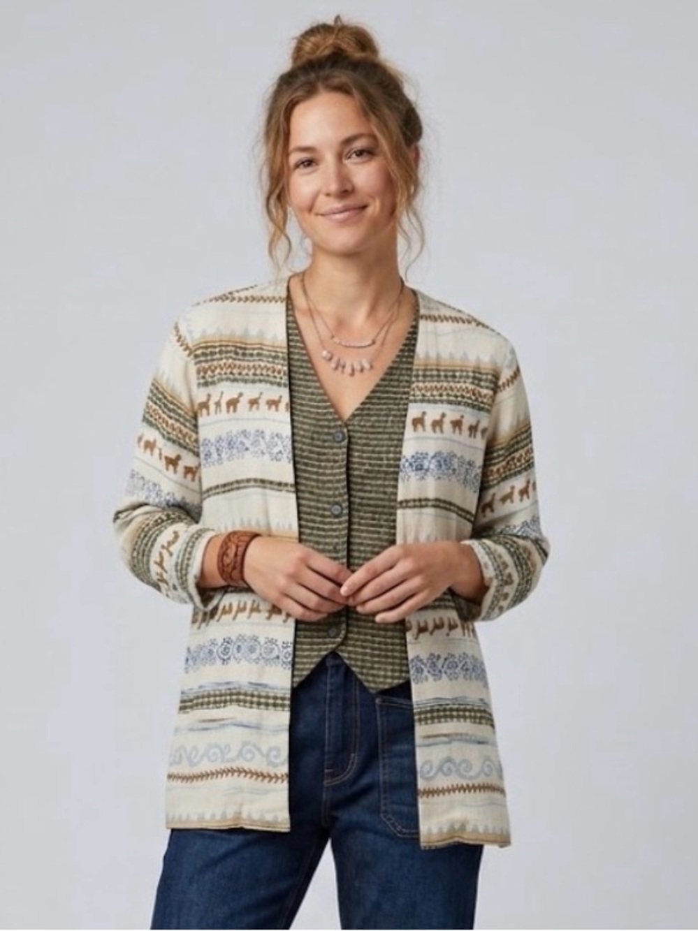 Vintage Alfred Dunner Camel Print Button-Front Top Earthy Tribal Boho Size: 8